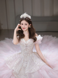 Unique Ball Gown Off The Shoulder Tulle Sqeuin Long Wedding Dresses HZ1024