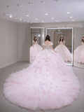 Unique Ball Gown Off The Shoulder Tulle Sqeuin Long Wedding Dresses HZ1024