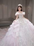 Unique Ball Gown Off The Shoulder Tulle Sqeuin Long Wedding Dresses HZ1024