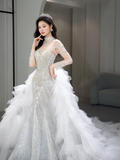Timeless Mermaid Tulle Sequin Beaded Long Sleeves Long Wedding Dresses HZ1024