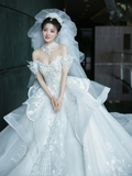 Dreamy Ball Gown Off The Shoulder White Tulle Lace With Veil Long Wedding Dresses HZ1024