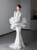 Timeless Mermaid White Halter Satin Tulle Sequin Long Wedding Dresses HZ1024