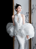 Timeless Mermaid White Halter Satin Tulle Sequin Long Wedding Dresses HZ1024