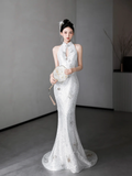 Timeless Mermaid White Halter Satin Tulle Sequin Long Wedding Dresses HZ1024