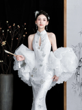 Timeless Mermaid White Halter Satin Tulle Sequin Long Wedding Dresses HZ1024