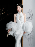 Timeless Mermaid White Halter Satin Tulle Sequin Long Wedding Dresses HZ1024