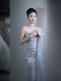 Glitter Mermaid Strapless Tulle Sequin Long Wedding Dresses HZ1024