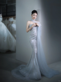 Glitter Mermaid Strapless Tulle Sequin Long Wedding Dresses HZ1024
