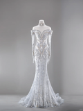 Gorgeous Mermaid Off The Shoulder Tulle Sequin Beaded Long Sleeves Long Wedding Dresses HZ1024
