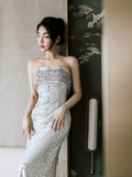 Timeless Mermaid Strapless Satin Sequin Beaded Long Wedding Dresses HZ1024