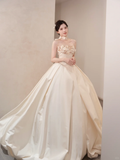 Unique Ball Gown Starpless Satin Applique Long Wedding Dresses HZ1024