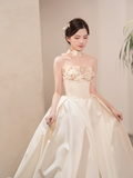 Unique Ball Gown Starpless Satin Applique Long Wedding Dresses HZ1024