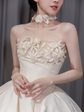 Unique Ball Gown Starpless Satin Applique Long Wedding Dresses HZ1024