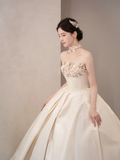Unique Ball Gown Starpless Satin Applique Long Wedding Dresses HZ1024