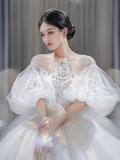 Pretty Ball Gown Tulle Lace Applique Short Sleeves Long Wedding Dresses HZ1024
