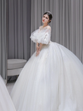 Pretty Ball Gown Tulle Lace Applique Short Sleeves Long Wedding Dresses HZ1024