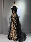 Sexy A line High Neckline Long Black Prom Dresses HZ1024