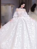 Unique Ball Gown Tulle Lace Applique Long Sleeves Long Wedding Dresses HZ1024