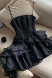 Spaghetti Straps Sleeveless Floral Tulle Satin A-Line Mini Homecoming Dress HZ1024