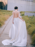 Elegant A Line Spaghetti Straps Satin Long Wedding Dresses HZ1024