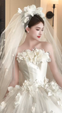 Pretty Ball Gown Strapless Satin Tulle Applique With Veil Long Wedding Dresses HZ1024