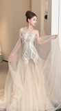 Chic Mermaid Strapless Tulle Lace Beaded Long Wedding Dresses HZ1024