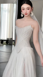 Elegant A Line Strapless Chiffon Tulle With Veil Long Wedding Dresses HZ1024
