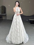 Dreamy A Line Halter Tulle Lace Long Wedding Dresses HZ1024