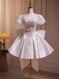 Cute Ball Gown Short Sleeves White Satin Party Dress Homecoming Dresses HZ1024