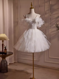 Cute Ball Gown Spaghetti Straps White Tulle Party Dress Homecoming Dresses HZ1024