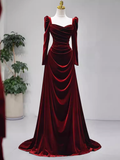 Sexy Mermaid Long Sleeves Burgundy Velvet Prom Dresses HZ1024