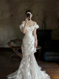 Chic Mermaid Off The Shoulder Satin Tulle Long Wedding Dresses HZ1024