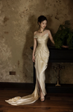 Chic Mermaid Spaghetti Straps Satin Pleated Long Wedding Dresses HZ1024