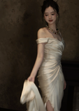 Chic Mermaid Spaghetti Straps Satin Pleated Long Wedding Dresses HZ1024