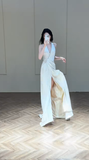 Dreamy A Line Halter Satin Slit Long Wedding Dresses HZ1024