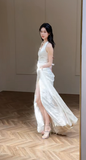 Dreamy A Line Halter Satin Slit Long Wedding Dresses HZ1024