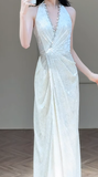 Dreamy A Line Halter Satin Slit Long Wedding Dresses HZ1024