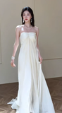 Unique A Line Strapless Satin Chiffon Long Wedding Dresses HZ1024