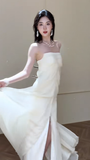 Unique A Line Strapless Satin Chiffon Long Wedding Dresses HZ1024