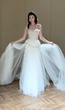 Chic A Line Strapless Tulle Applique Long Wedding Dresses HZ1024