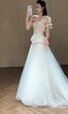 Chic A Line Strapless Tulle Applique Long Wedding Dresses HZ1024