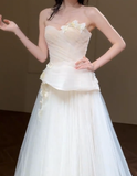 Chic A Line Strapless Tulle Applique Long Wedding Dresses HZ1024