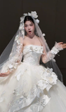 Gorgeous Ball Gown Strapless Satin Tulle Applique With Sleeves Veil Long Wedding Dresses HZ1024
