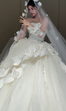 Gorgeous Ball Gown Strapless Satin Tulle Applique With Sleeves Veil Long Wedding Dresses HZ1024