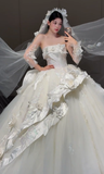 Gorgeous Ball Gown Strapless Satin Tulle Applique With Sleeves Veil Long Wedding Dresses HZ1024