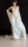 Unique A Line Strapless Satin With Sleeves Long Wedding Dresses HZ1024