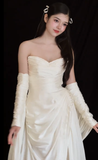 Unique A Line Strapless Satin With Sleeves Long Wedding Dresses HZ1024