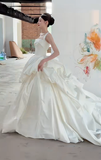 Unique Ball Gown Square Satin Pleated Long Wedding Dresses HZ1024