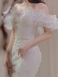 Stunning Mermaid Off The Shoulder Satin Sequin Beads Long Wedding Dresses HZ1024