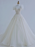 Unique A Line Tulle Sequin Beads Applique Short Sleeves Long Wedding Dresses HZ1024